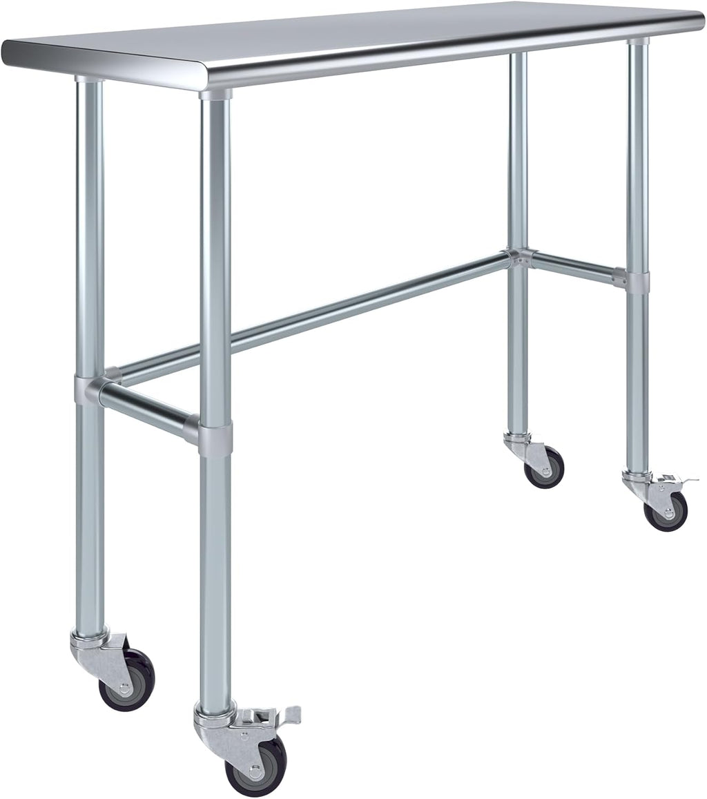 AmGood Stainless Steel Work Table Open Base & Wheels | Work Station | Metal Work Bench (Stainless Steel Work Table Open Base + Casters, 48' Long x 18' Deep)