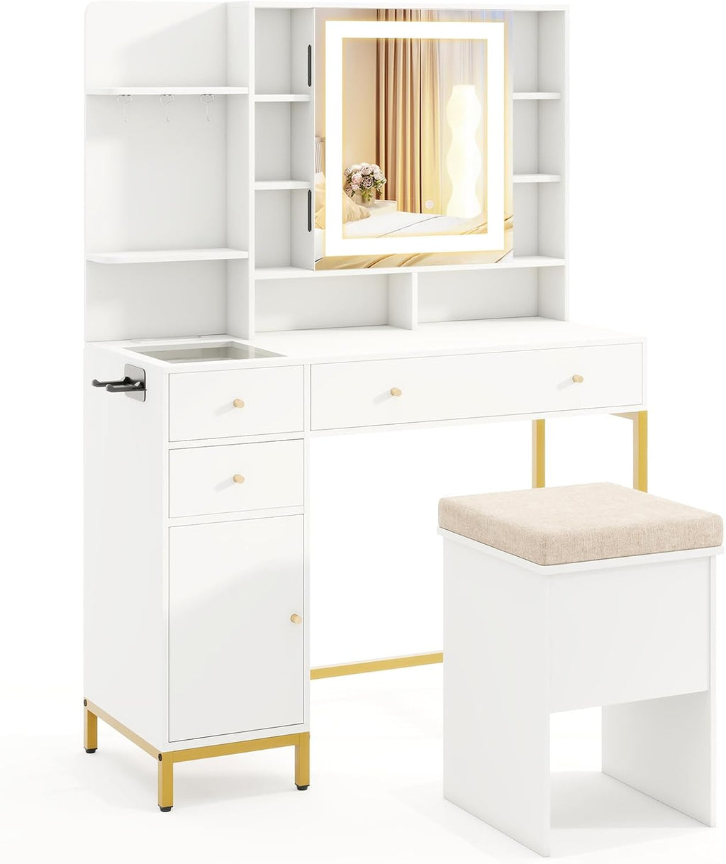 CHARMAID Vanity Desk with Mirror and Lights, White Makeup Vanity Table with Transparent Glass Tabletop, Mirrored Cabinet Door, Charging Station, Drawers, Shelves, Bedroom Dressing Table with Stool