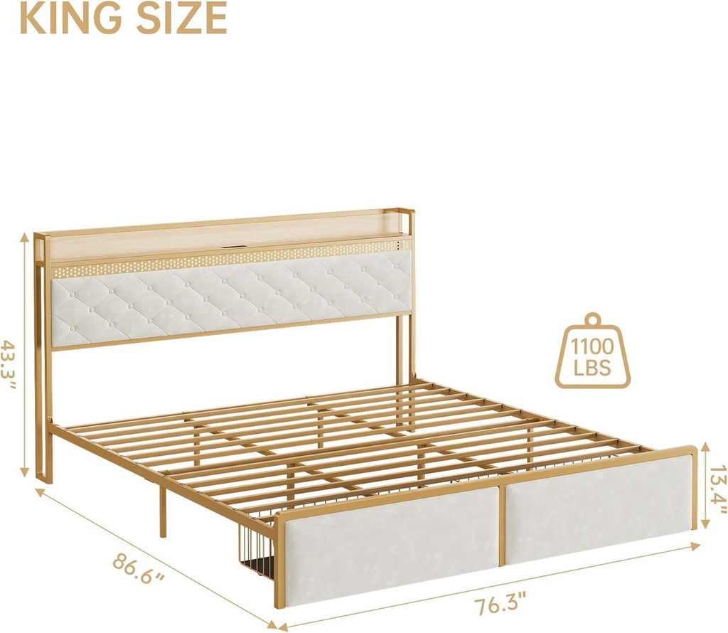 King Bed Frame with Headboard,Upholstered Bed Frame King Size with 2 Drawers,Metal Platform Bed Frame with Charging Station & LED Lights,Noise-Free/Metal Slats Support/No Box Spring Needed