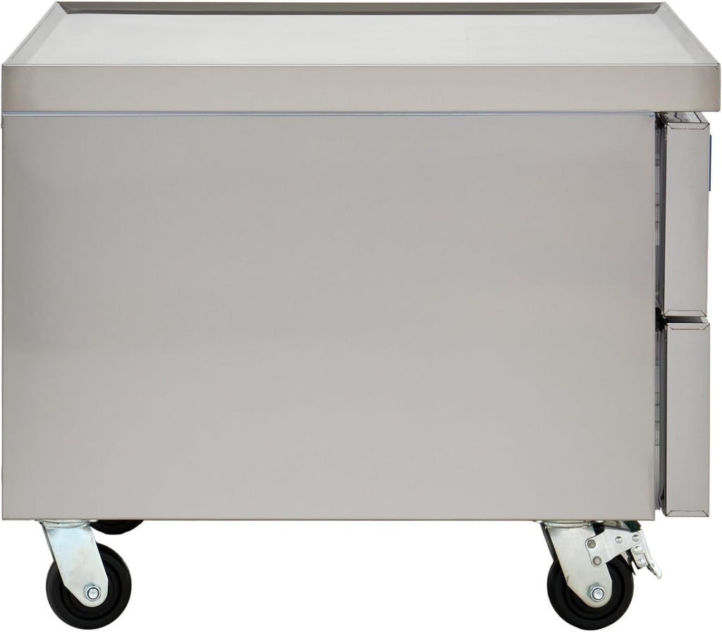 Kratos Commercial Refrigerator, 36' Wide Two Drawer Chef's Base, Refrigerated Mobile Equipment Stand for Restaurants, Stainless Steel, 115V, 6.5 Cubic Ft. Capacity (67K-314)
