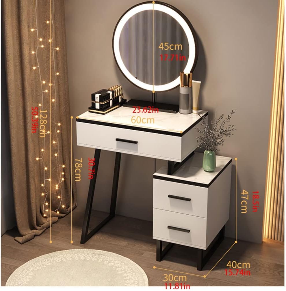 Vanity Benches Vanity Desk Set Glass Top Dresser Bedroom Ladies Fashion Dresser with Side Cabinet, Mirror, Vanity Stool (Color : A)