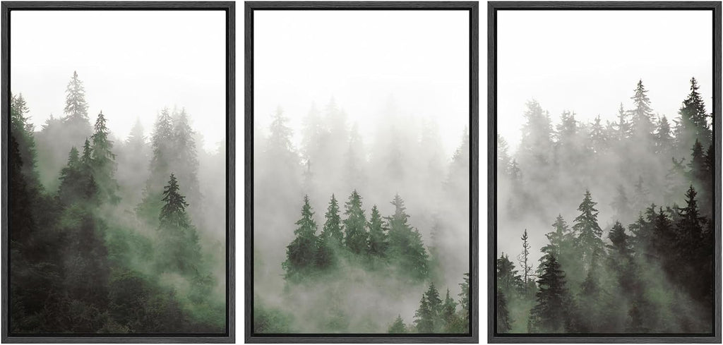 SIGNWIN Framed Canvas Print Wall Art Woodland Nursery Decor Set Fog & Mist Over Green Pine Tree Forest Nature Wilderness Modern Art Chic Landscape for Living Room, Bedroom, Office - 24'x36'x3 Black