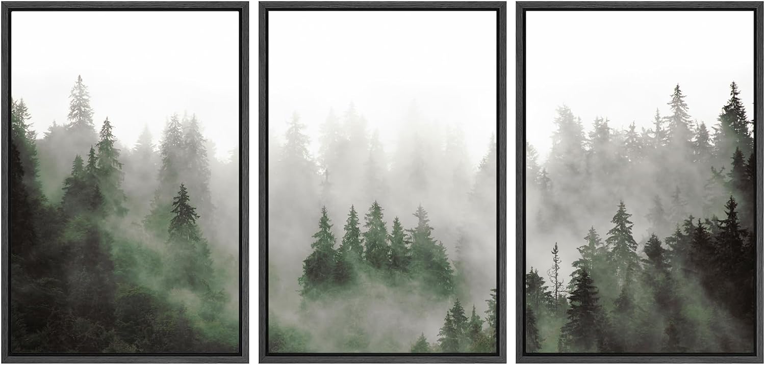 SIGNWIN Framed Canvas Print Wall Art Woodland Nursery Decor Set Fog & Mist Over Green Pine Tree Forest Nature Wilderness Modern Art Chic Landscape for Living Room, Bedroom, Office - 24'x36'x3 Black