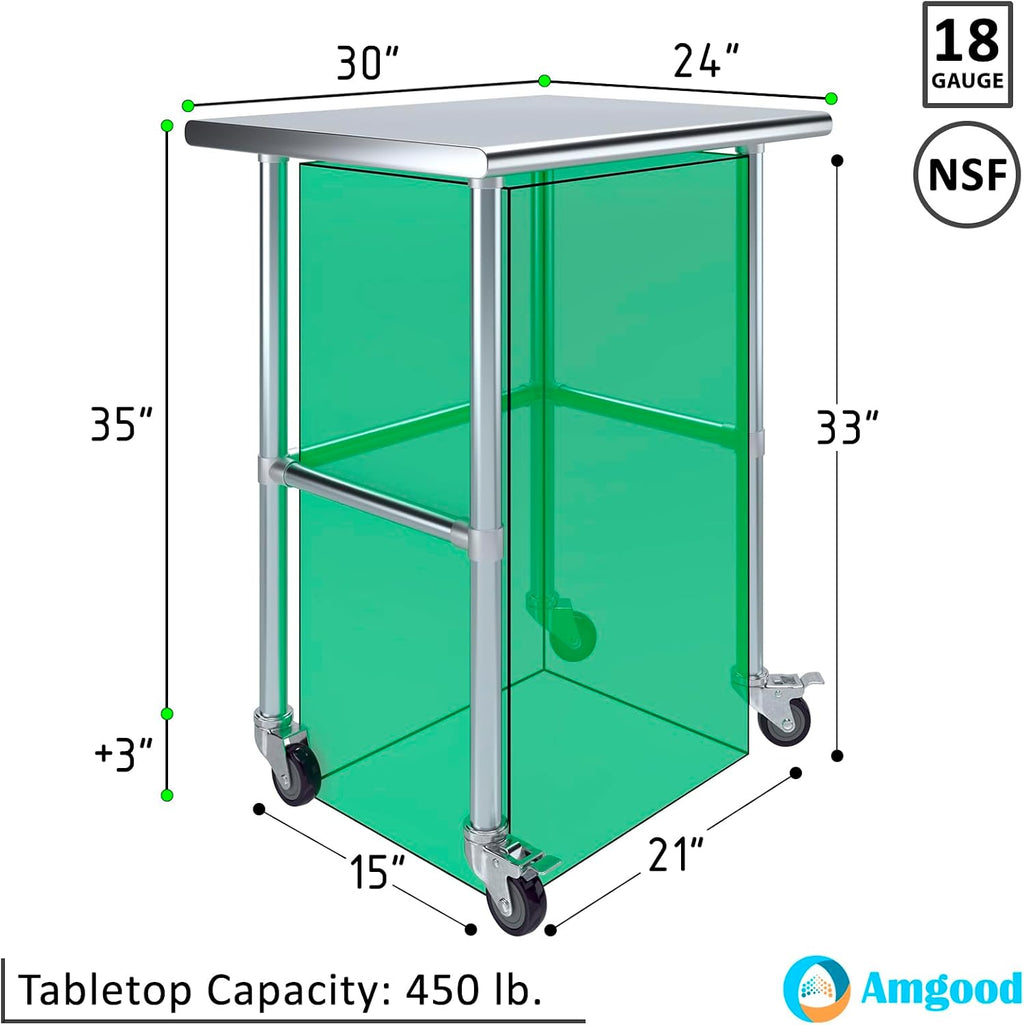 AmGood Stainless Steel Work Table Open Base & Wheels | Work Station | Metal Work Bench (Stainless Steel Work Table Open Base + Casters, 30' Long x 24' Deep)
