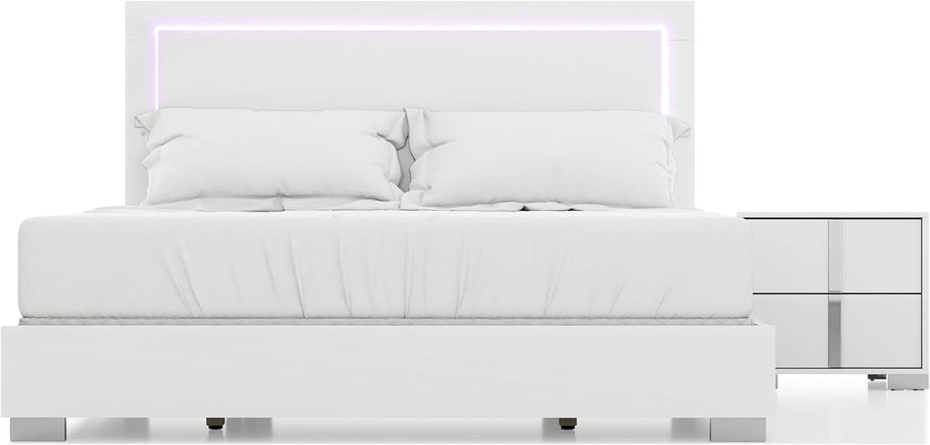 Furniture of America Alistair Modern Wood 2-Piece Bedroom Set with LED on Headboard Bed, Ball-Bearing Glides, Vertical Chrome Handles on Nightstand, Box Spring Required, Queen, White