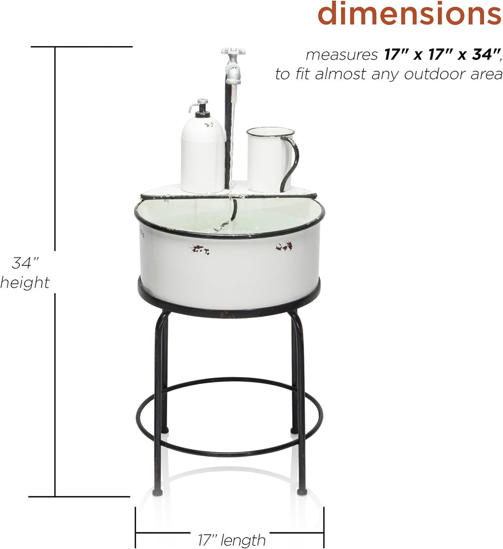 Alpine Corporation YHL168 Outdoor Vintage Metal Sink Water Floor Fountain with Stand, 34' Tall, White
