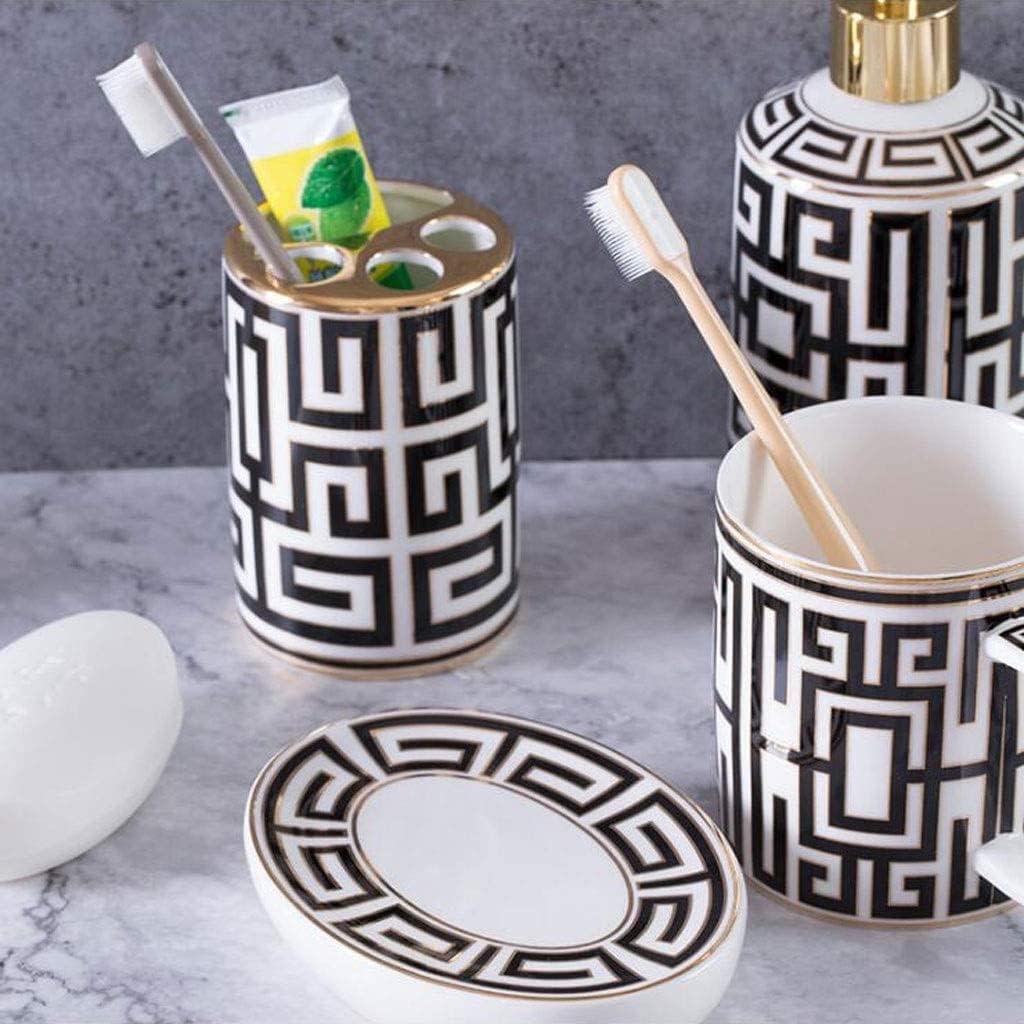 Vanity Bathroom Decor, 5-Piece Ceramic Bathroom Accessory Set Soap Dispenser Mouthwash Cup Soap Dish Toothbrush Holder Toiletries Set Housewarming Gift(B)