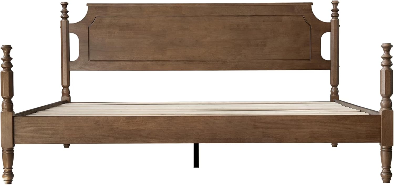 Solid Wood King Size Bed Frame with Headboard & Footboard, Platform Bed, Central Metal Legs, 12 Sturdy Slats, Under Bed Storage, Easy Assembly, Noise-Free & Anti-Slip, Barnwood Finish, ROK-30