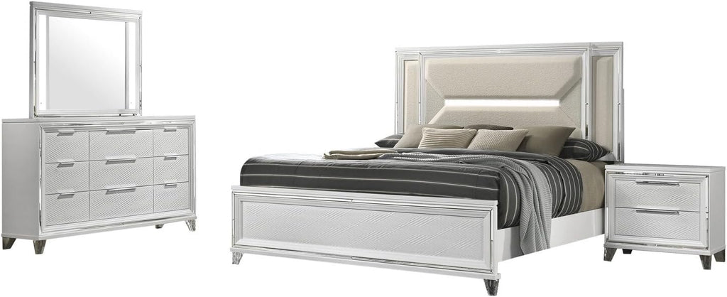 HomeStock King Bedroom Set 4 Piece - White Finish Modern Design