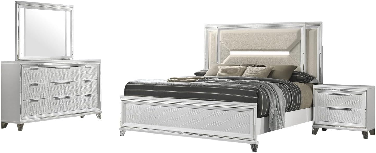 HomeStock King Bedroom Set 4 Piece - White Finish Modern Design