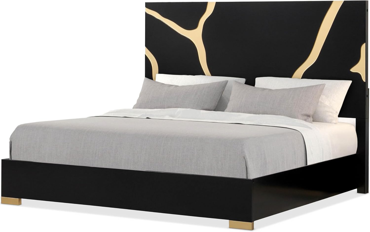 Furniture of America Quanta Modern Wood 3-Piece Bedroom Set with Gold Accented Headboard, Felt-Lined Top Drawer, Ball-Bearing Glides, Dovetails Joint, No Box Spring Needed, King, Black