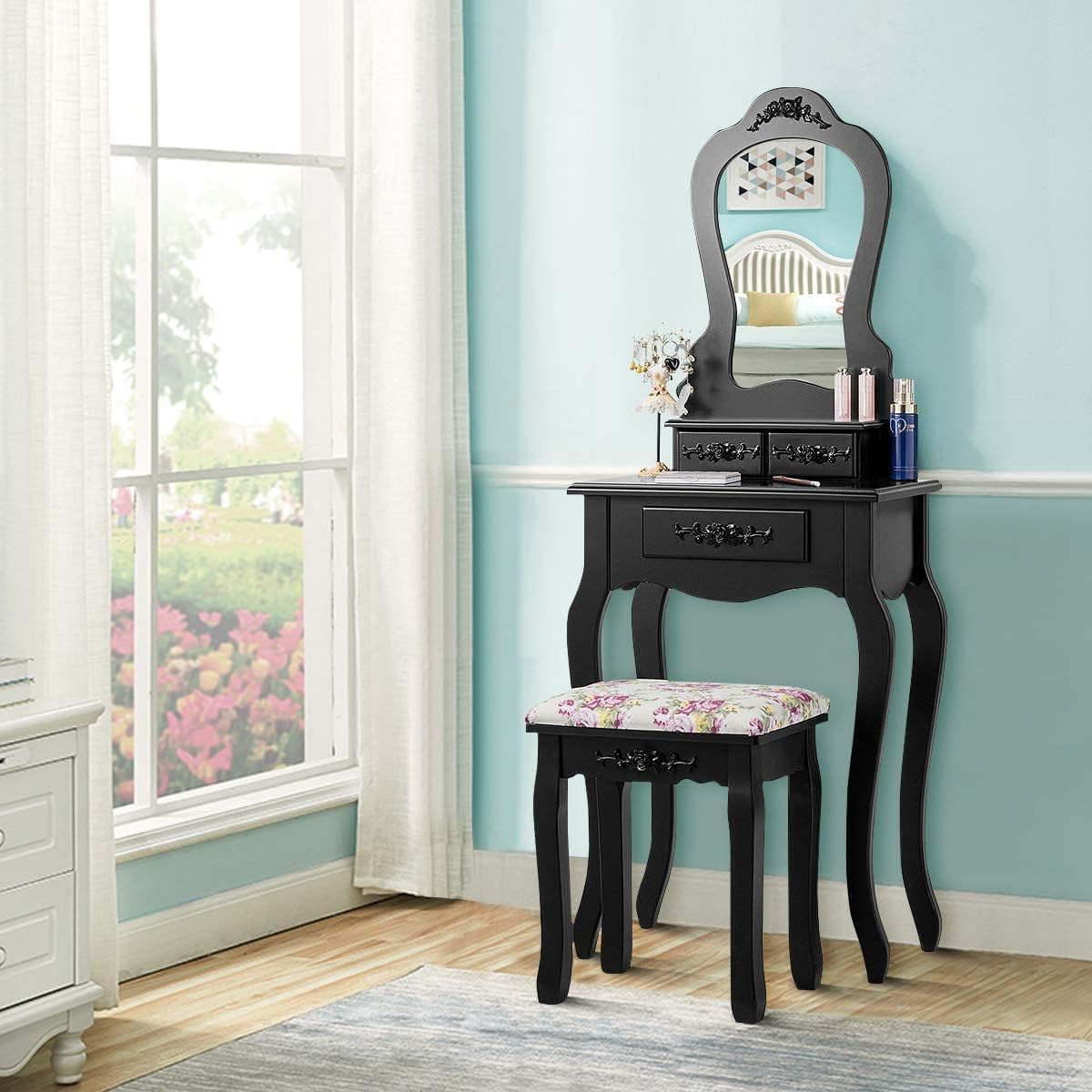 LDAILY Vanity Table Set with Cushioned Stool, Makeup Table with Clear Mirror & 3 Storage Drawers, Multipurpose Writing Desk, Bedroom Bathroom Small Space Dressing Table and Bench for Girl (Black)
