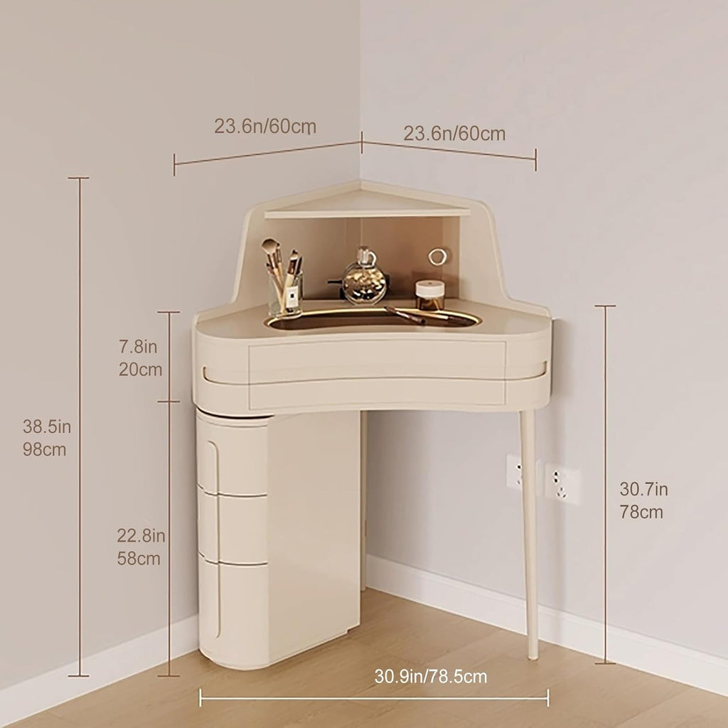 Corner Dressing Table for Small Spaces – French Cream Style Triangle Vanity Desk with Drawer, Side Shelves, Space-Saving Makeup Table for Bedroom