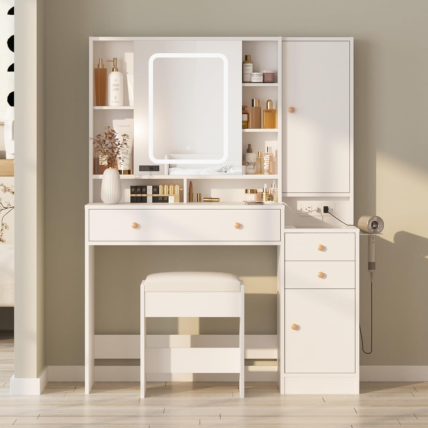 Halitaa Vanity Desk with Mirror and Lights, Glass Top Vanity Table Makeup Vanity with Lights and Charging Station & Sliding Door, Glass Top Vanity with 3 Drawers and Jewelry Cabinet, 42.8inch