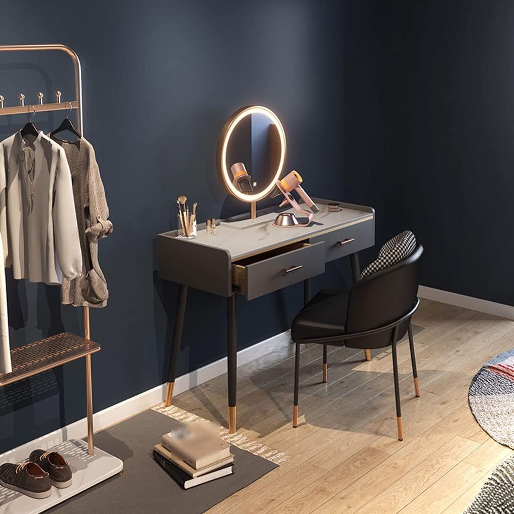 Vanity Benches Dresser Set Vanity Desk Storage Cabinet Cosmetic Storage Desk with LED Round Mirror, Stool, Two Drawers (Color : A)