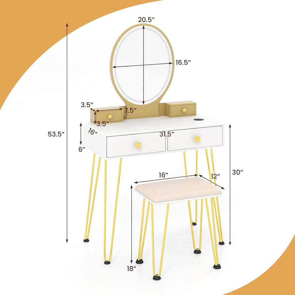 COSTWAY Vanity Desk Set with Mirror and Lights, Vanity Mirror with 3 Color Lighting Modes & Adjustable Brightness, Makeup Dressing Table with Cushioned Stool for Women Girls (White & Golden)