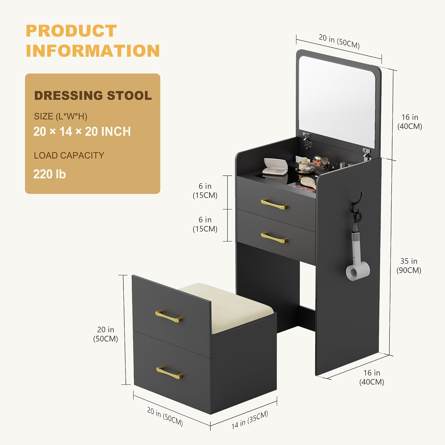 3 in 1 Make Vanity Desk with Flip Top Mirror,Glass Top Makeup Vanity Table with Cushioned Stool,Small Dressing Table with 3 Drawers,Compact Vanity Set for Apartment,Dormitory(Black)
