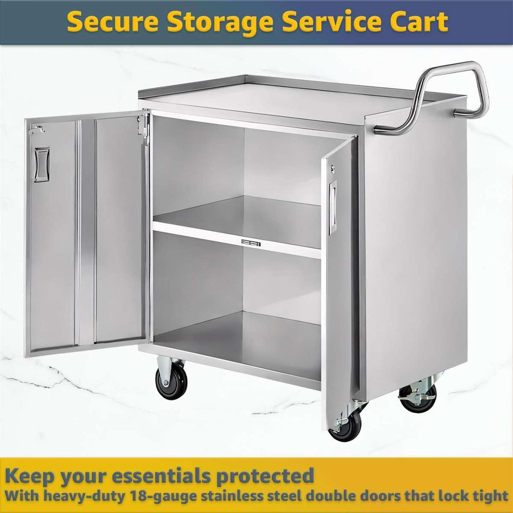18' x 30' Stainless Steel Utility Cart with Enclosed Base and Locking Doors - Commercial NSF 3 Shelf Service Cart, Heavy-Duty Mobile Storage Cabinet for Kitchen, Catering, Restaurant Storage