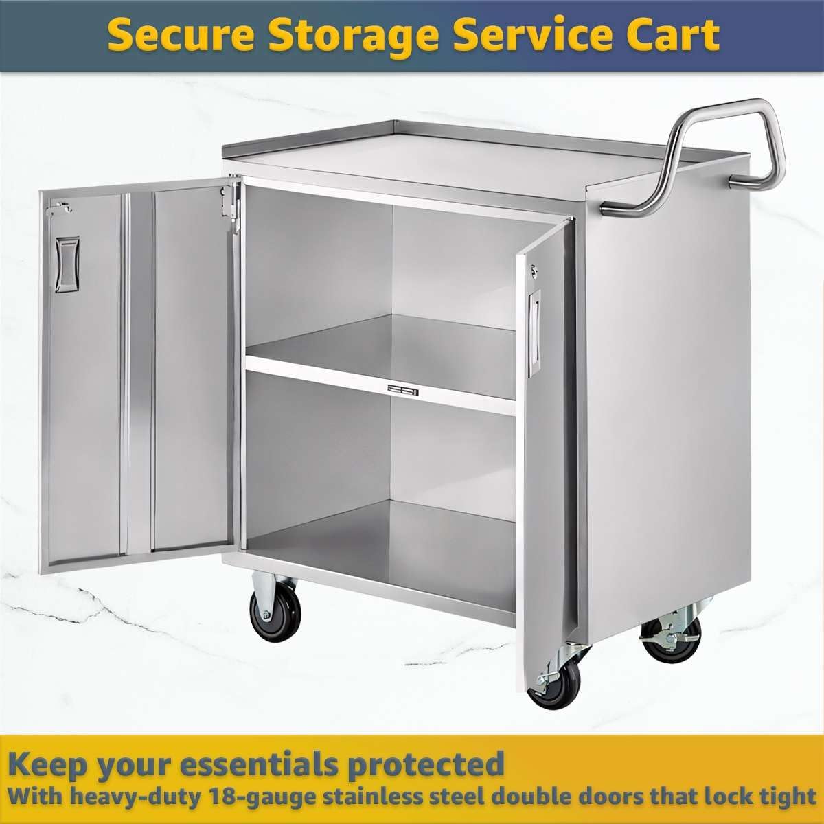 18' x 30' Stainless Steel Utility Cart with Enclosed Base and Locking Doors - Commercial NSF 3 Shelf Service Cart, Heavy-Duty Mobile Storage Cabinet for Kitchen, Catering, Restaurant Storage