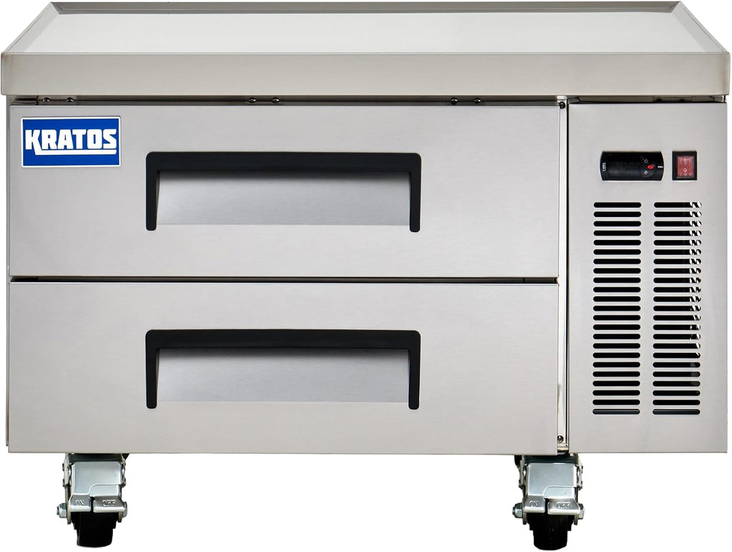 Kratos Commercial Refrigerator, 36' Wide Two Drawer Chef's Base, Refrigerated Mobile Equipment Stand for Restaurants, Stainless Steel, 115V, 6.5 Cubic Ft. Capacity (67K-314)