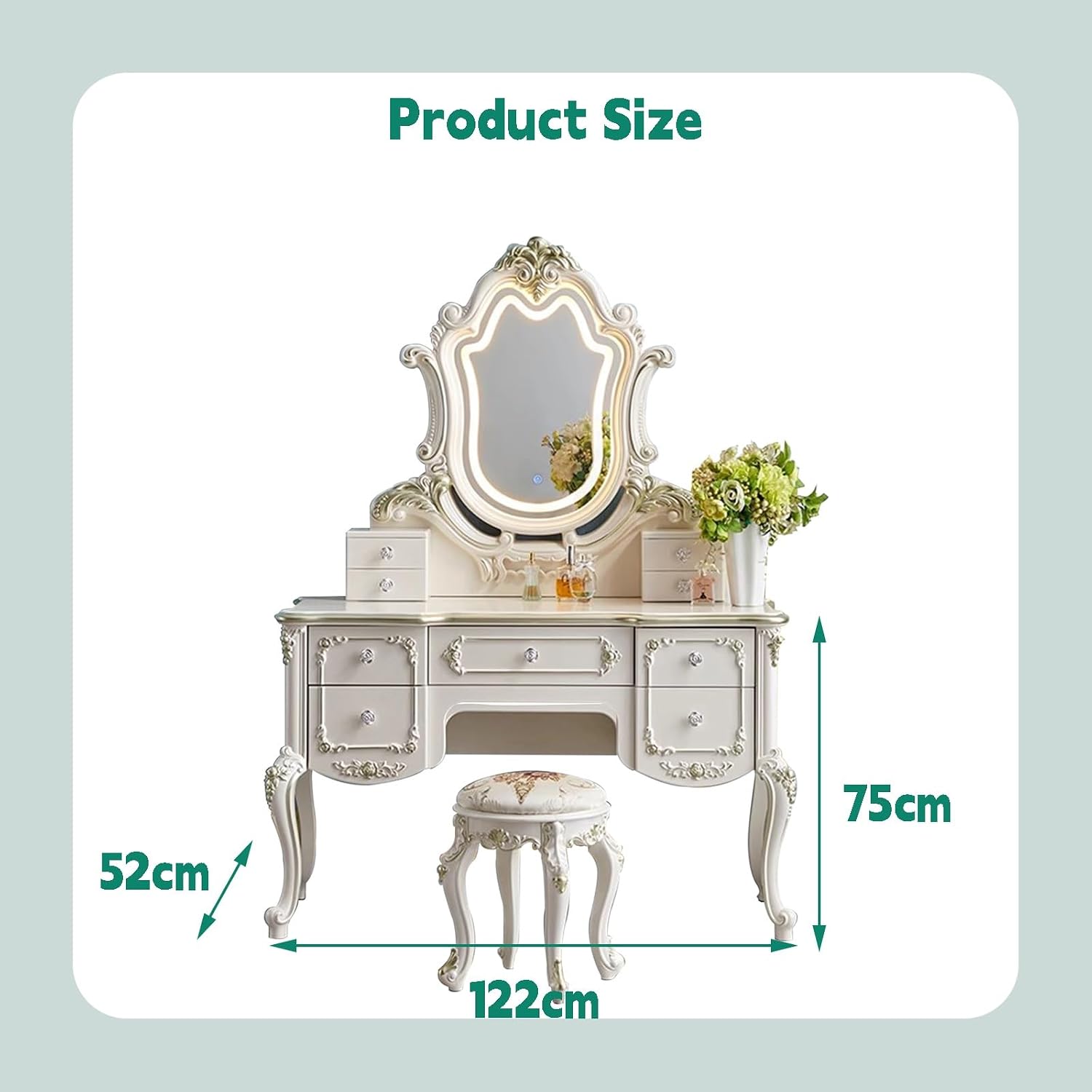 Vanity Desk Set, Dressing Table with Mirror & Stool & White Cosmetic Bag,Lots Storage,European Vintage