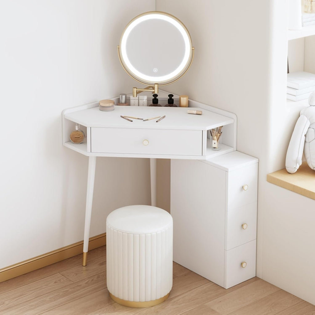 Corner Vanity Desk Set Wood Dressing Table with Drawer & Open Shelves Makeup Table for Small Room Solid Construction(White,50cm with Mirror)