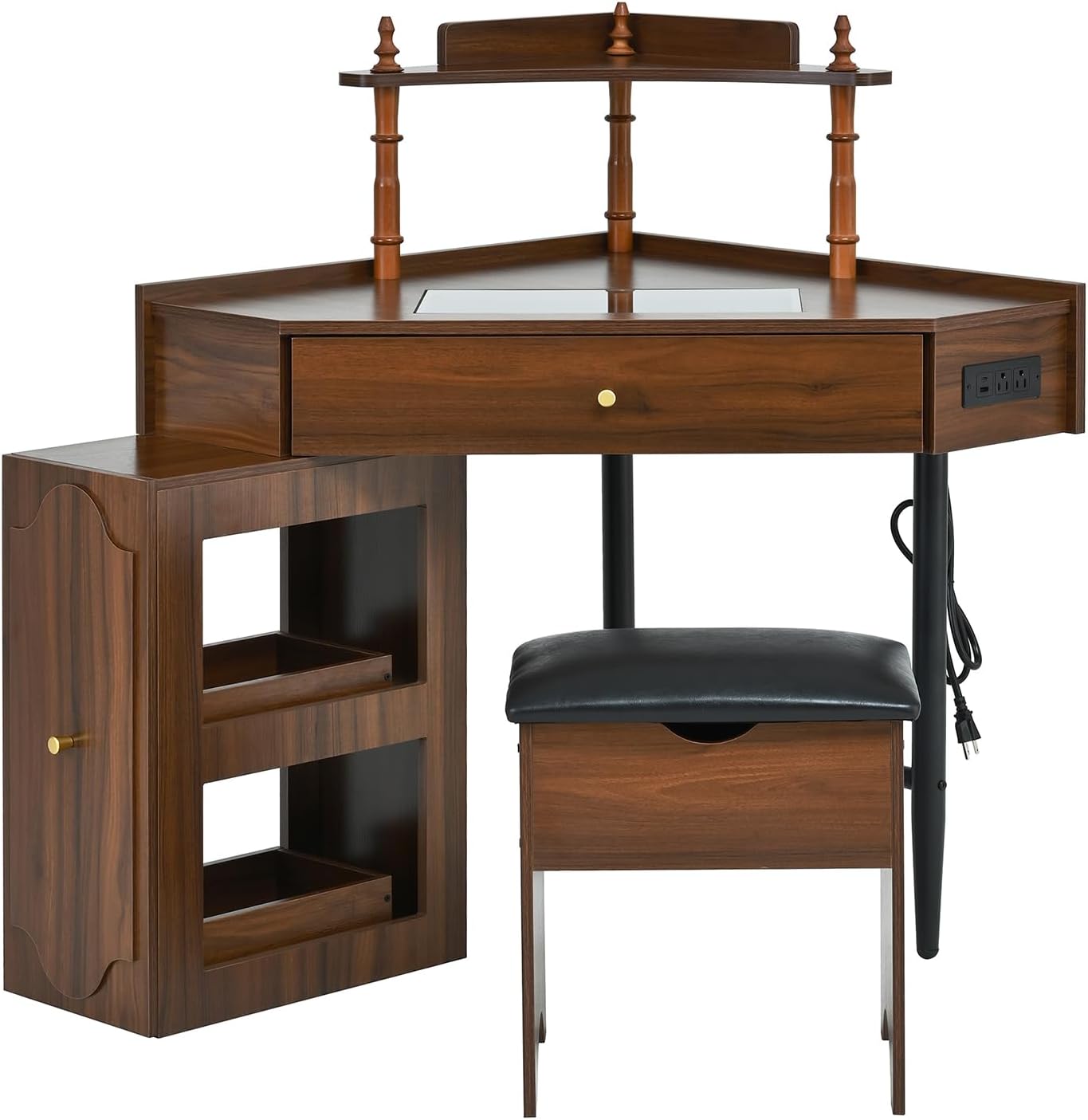 Corner Vanity Desk with Storage Stool Triangle Makeup Desk with Removable Pull-Out Side Cabinet Glass Tabletop Dressing Table with Drawer and Shelf for Bedroom, Walnut