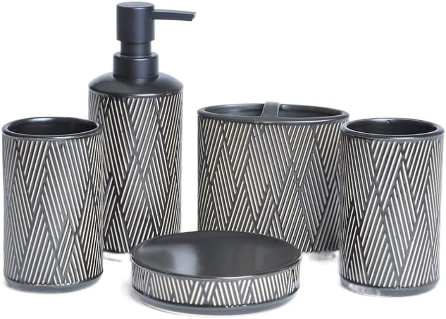Vanity Bathroom Decor, Bathroom Accessories Set Simple Geometric Design Ceramic Bathroom Accessory Set with Soap Dispenser Housewarming Gift(Black,5 Pieces)