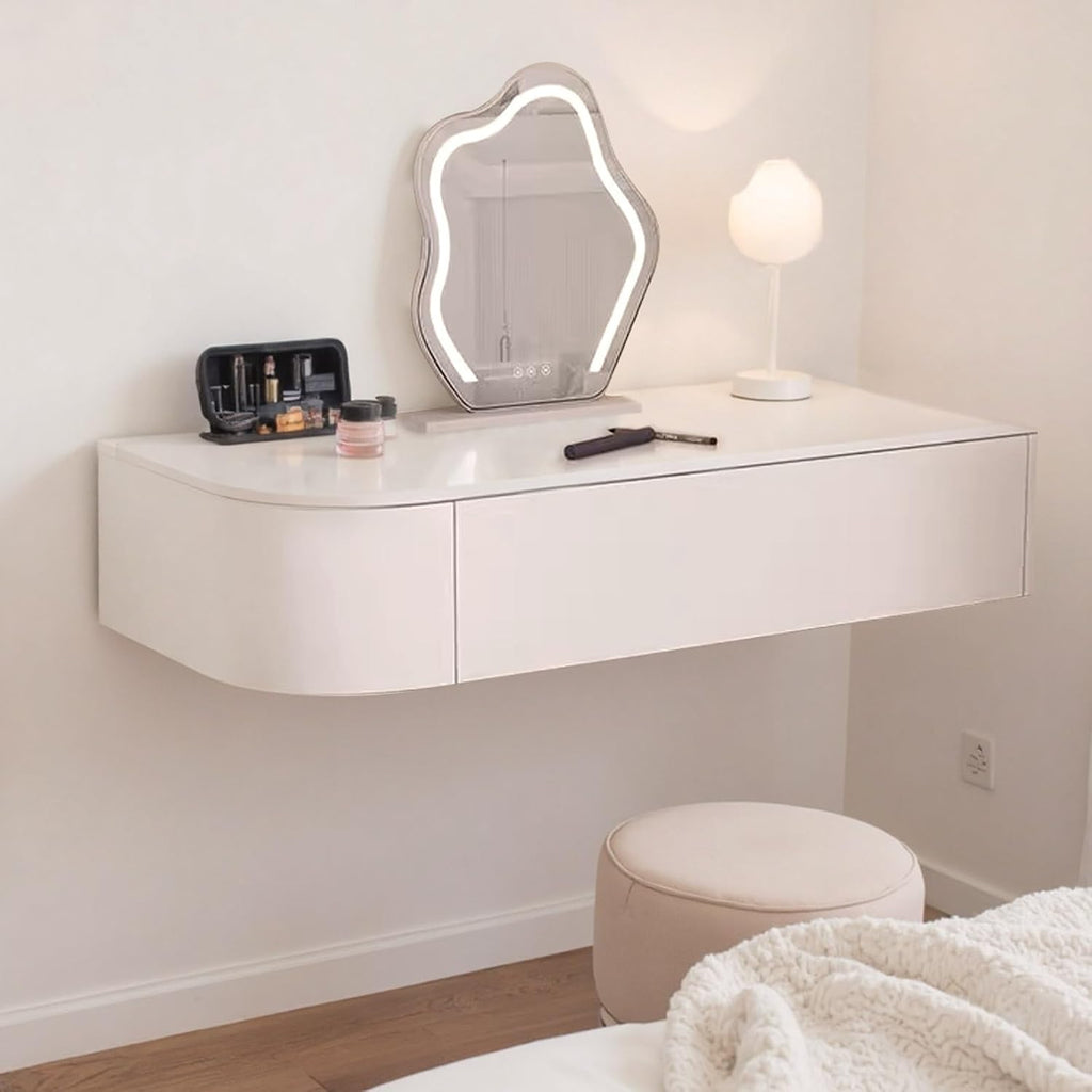 Floating Vanity Makeup Table White Wall Mounted Dressing Table Dresser With Mirror Floating Corner Desk For Bedroom Hanging Desk With Drawers Small Space Vanity With Lighted Mirror Shelf Wall-mounted(