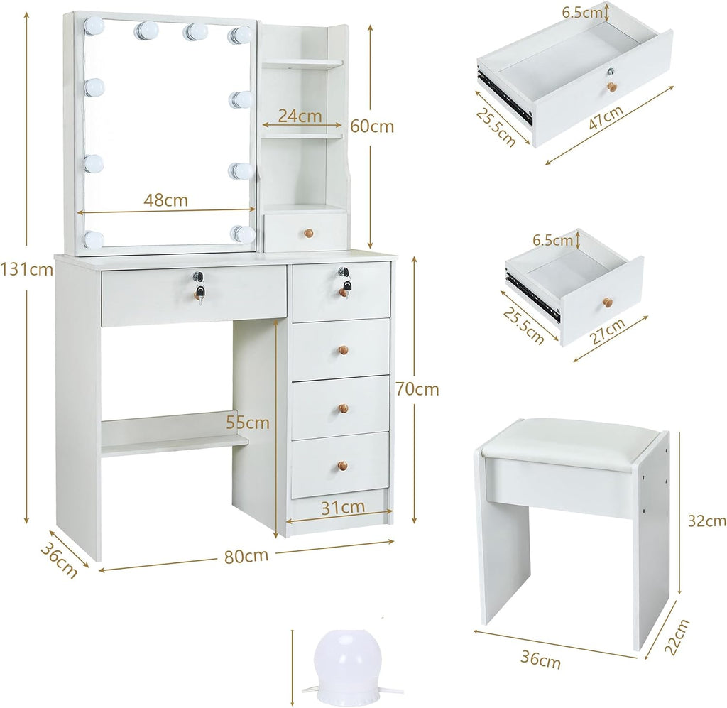 Vanity Mirror with Lights Desk and Chair, 5 Drawers and Cabinet, Makeup Table with Large HD Mirror Makeup Desk, 3 Lighting Modes, White Makeup Table with Stool