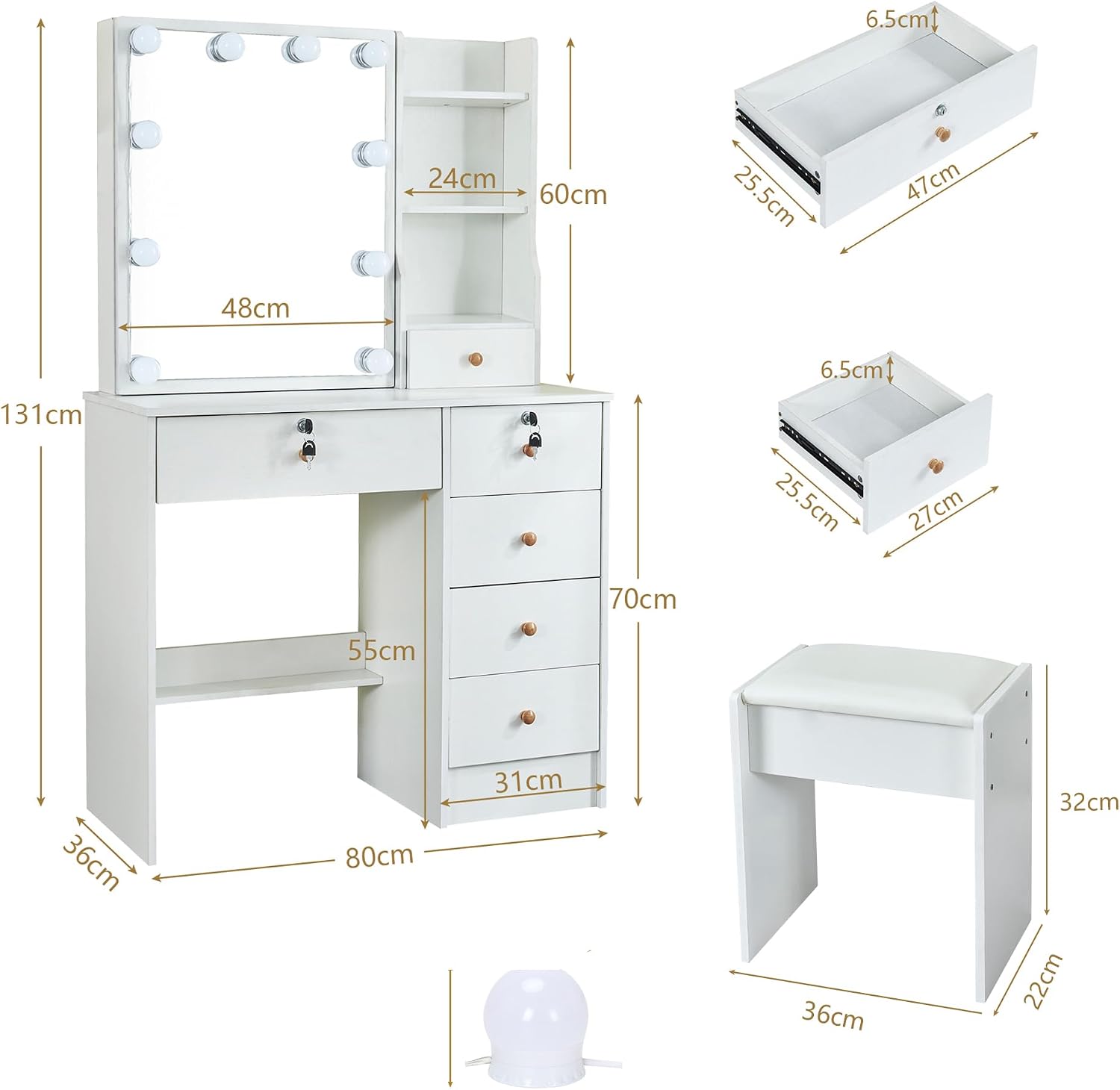 Vanity Mirror with Lights Desk and Chair, 5 Drawers and Cabinet, Makeup Table with Large HD Mirror Makeup Desk, 3 Lighting Modes, White Makeup Table with Stool