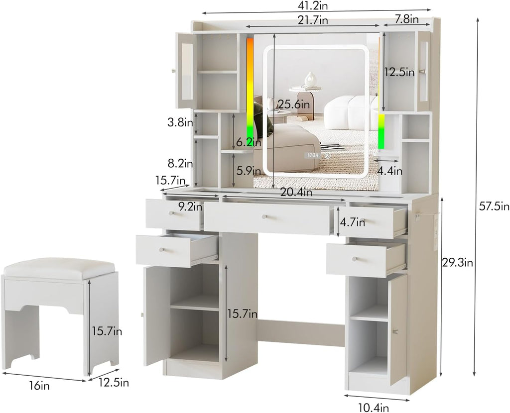 Halitaa White Vanity Desk with LED Mirror,Makeup Vanity with Charging Station & RGB Lights,5 Drawers 4 Shelves Makeup Desk Vanity Table Stool Set with Glass Table Top & Time Display Lights, White