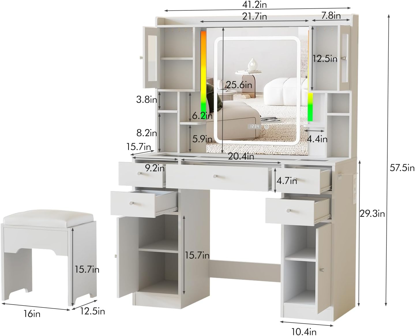 Halitaa White Vanity Desk with LED Mirror,Makeup Vanity with Charging Station & RGB Lights,5 Drawers 4 Shelves Makeup Desk Vanity Table Stool Set with Glass Table Top & Time Display Lights, White