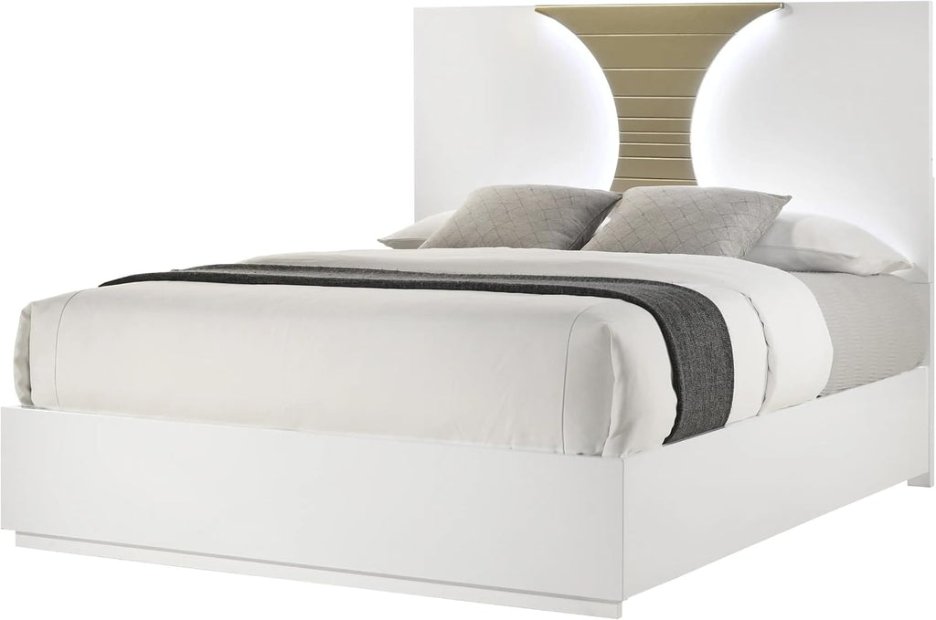 KB Designs - 4-Piece Bedroom Set, Dresser with Mirror, Chest and Nightstand, Modern White and Gold Furniture with LED Headboard and Contemporary Storage Features, Queen Size