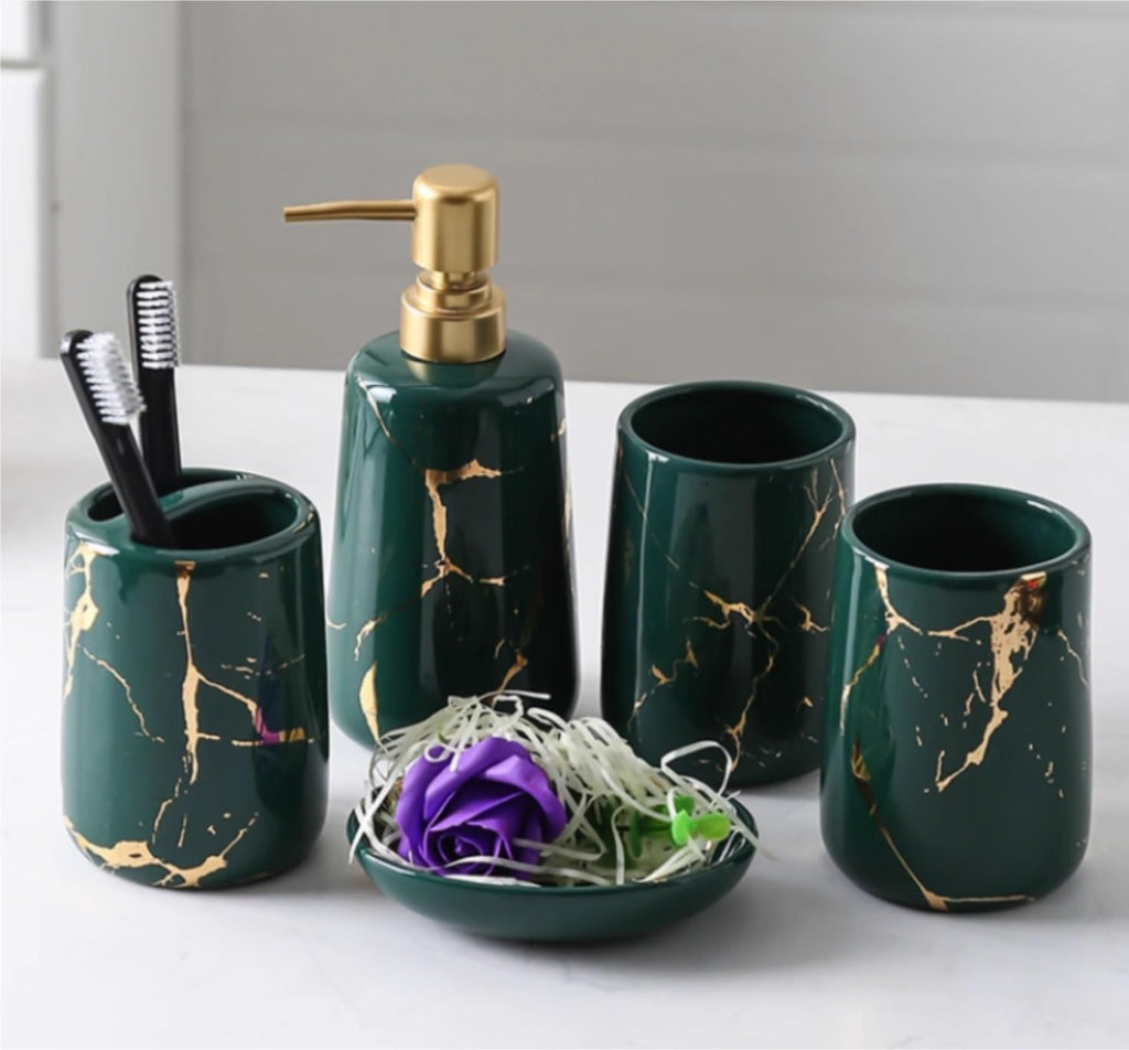 Vanity Bathroom Decor, 5-Piece/Set Bathroom Accessories Set Black Green Ceramic Soap Dispenser Set Housewarming Gift(Green)