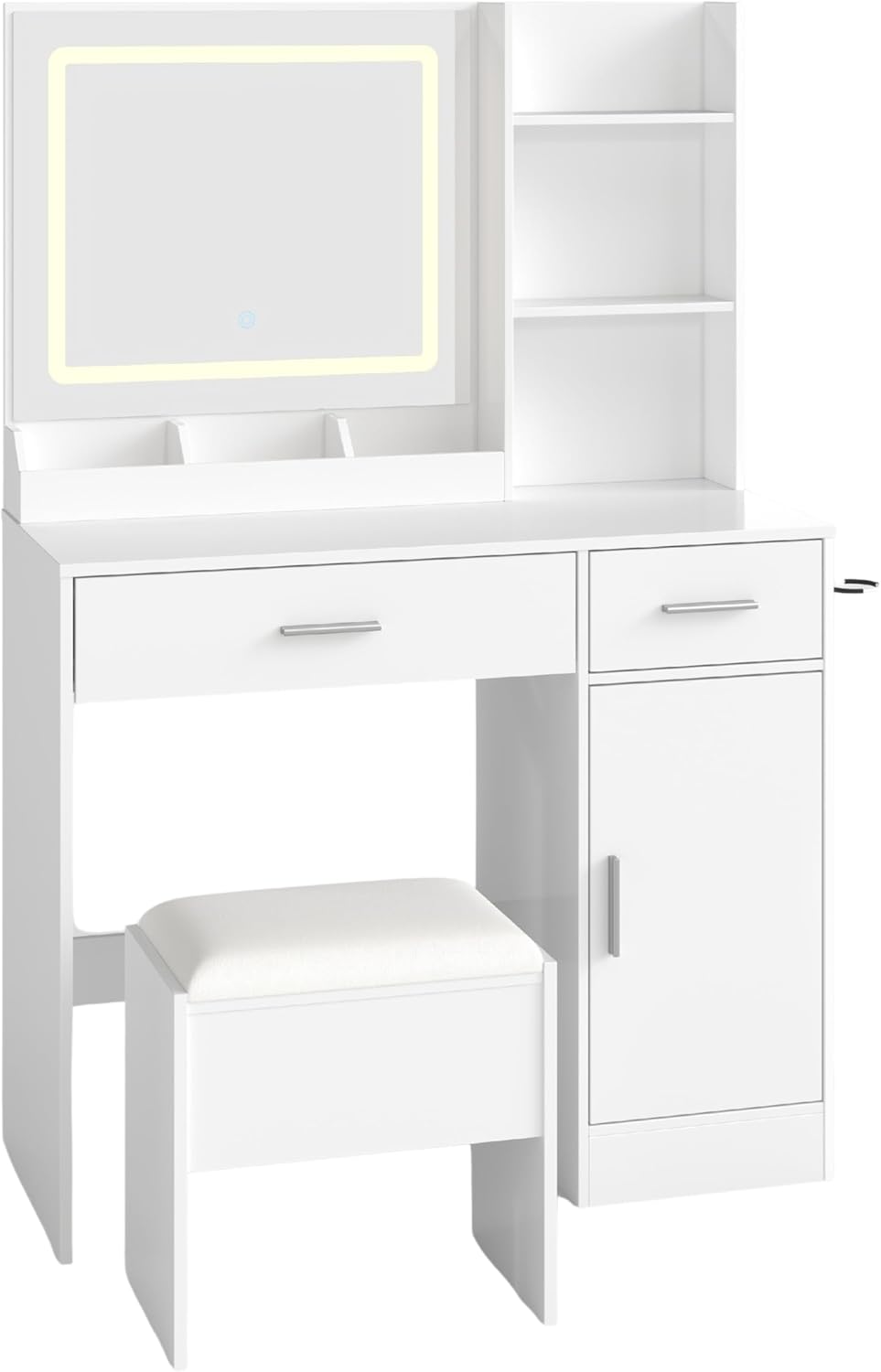 Roundhill Furniture Lavin Makeup Vanity Set, Vanity Desk with Stool, LED Light Mirror and Charging Station, White