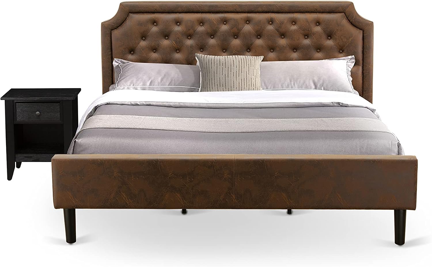 East West Furniture GB25K-1GA06 2-Pc Granbury Bed Set with Button Tufted Platform Bed and 1 Wire Brushed Black Mid Century Modern Nightstand - Dark Brown faux Leather with Black Texture and Black Legs
