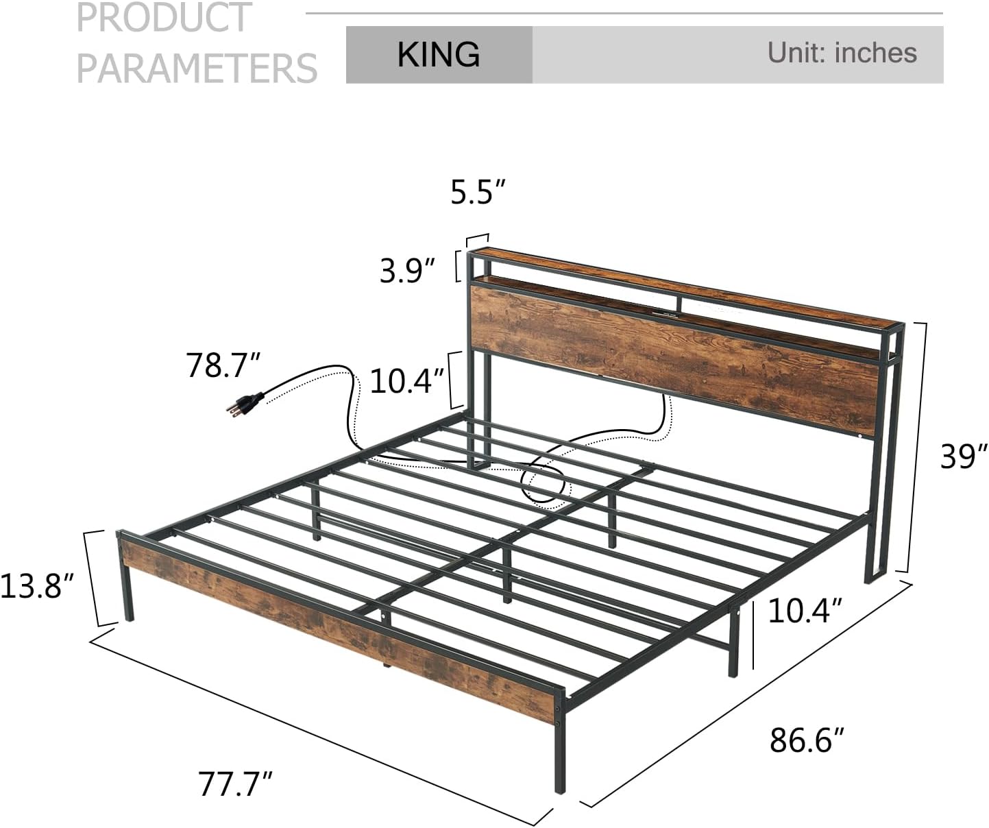 King Bed Frame with Headboard, Metal Platform Bed Frame King Size with Charging Station, 2-Tier Storage Headboard, No Box Spring Needed, Easy Assembly, Brown