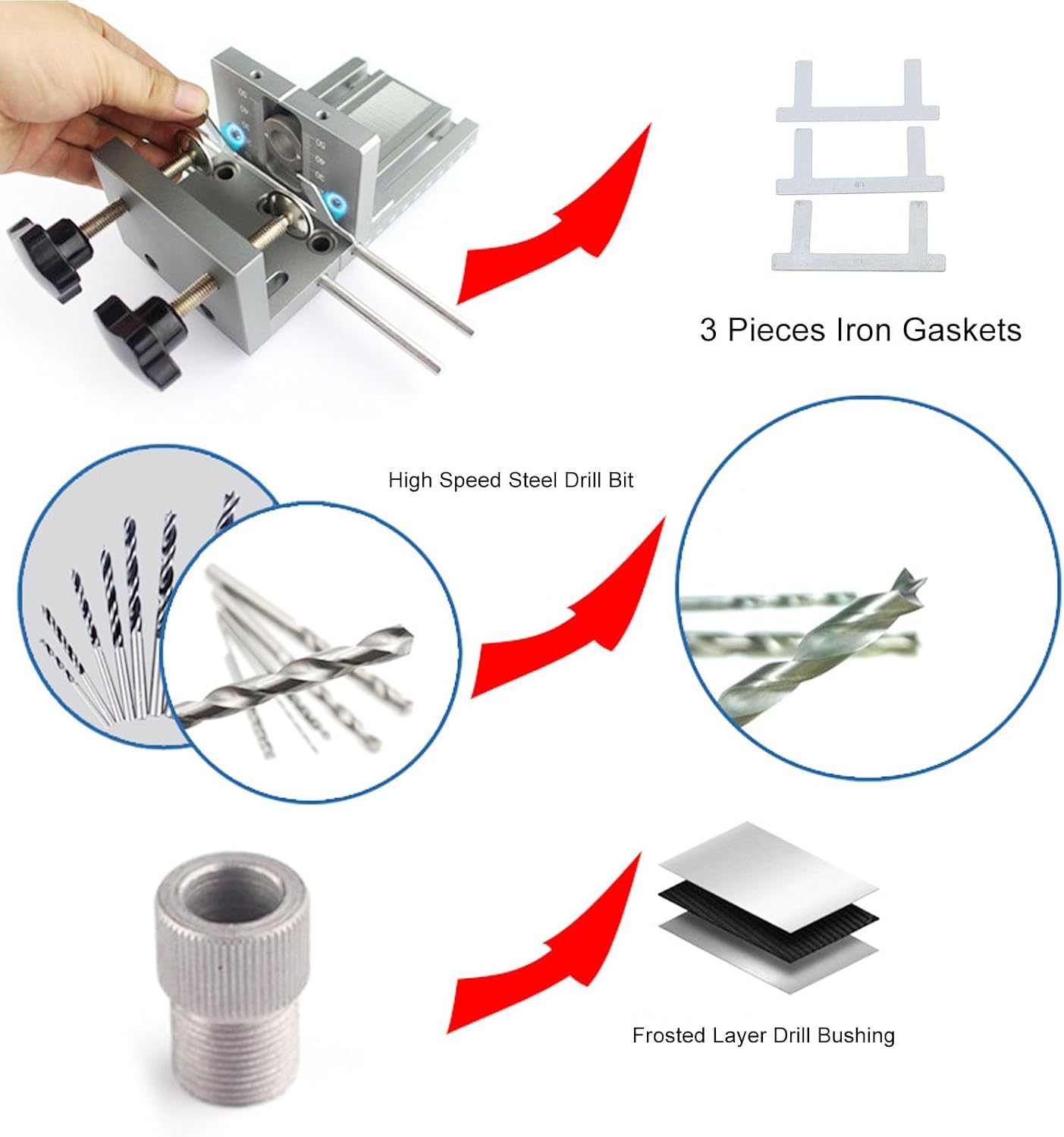 Self Centering Doweling Jig, Adjustable Quick Release 6 8 10mm Drilling Sleeves Dowel Jig Kit 3 in 1 Sturdy Construction Biscuit Joiner Set for Furniture Assembly, DIY Projects