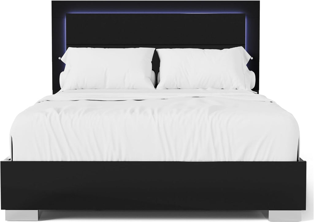 Furniture of America Alistair Modern Wood 2-Piece Bedroom Set with LED on Headboard Bed, Ball-Bearing Glides, Vertical Chrome Handles on Nightstand, Box Spring Required, King, Black