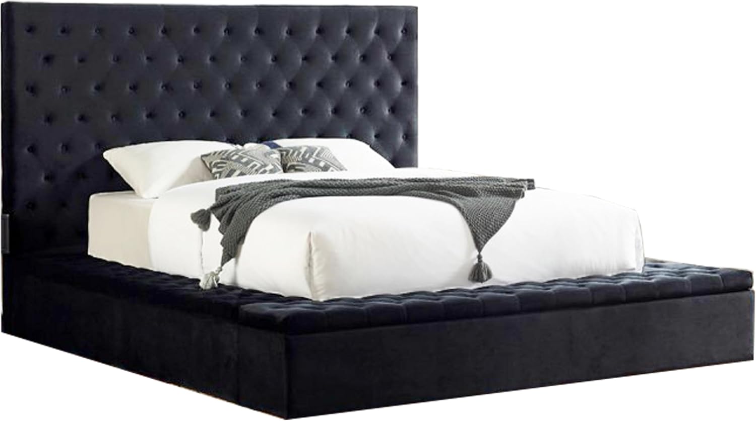 First of a Kind Modern Velvet Tufted upholstered Platform Storage Bed, Bed with deep Button Tufting and Storage Compartments in Rails and Footboard (Black, Queen)