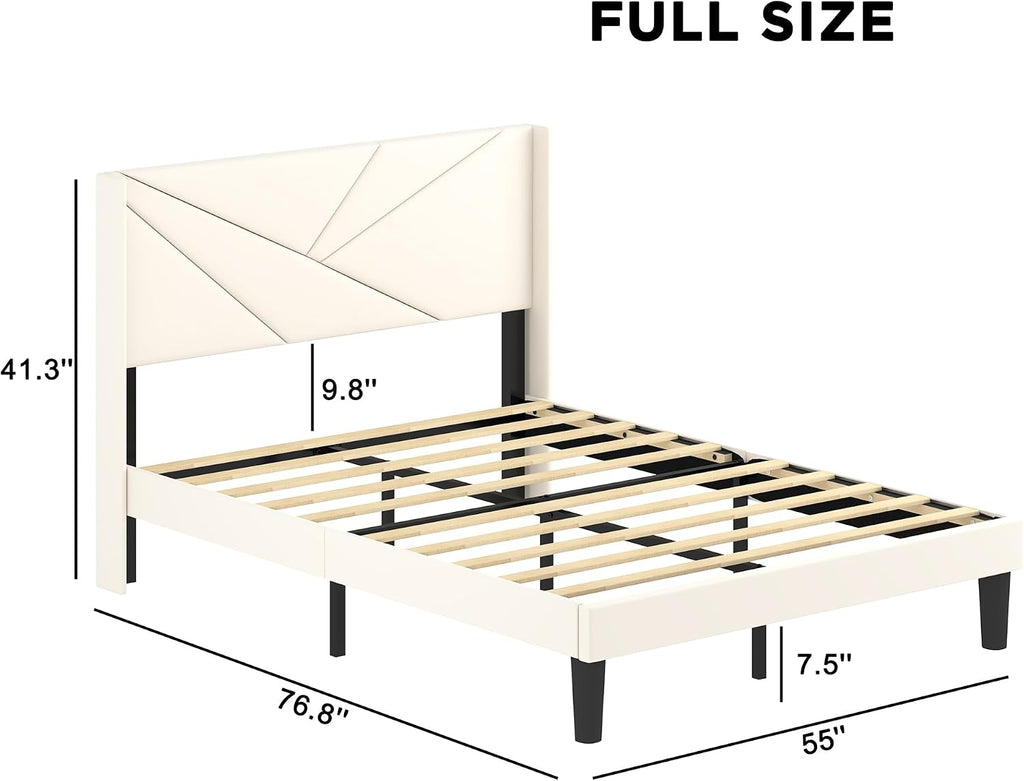 Full Size Bed Frame with Upholstered Wingback Headboard, Easy Assemnly Platform Bed and Heavy Duty Wooden Slats Support, Noise-Free, No Box Spring Needed (Cream, Full)