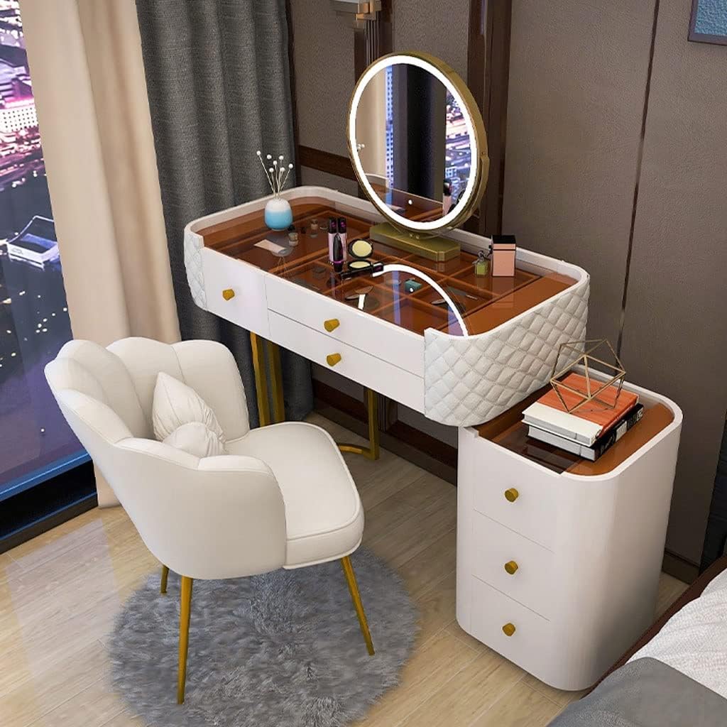 Vanity Benches Dresser Modern Bedroom Glass Vanity Table Small Apartment Storage Cabinet with Storage Cabinet, Stool, Mirror (Color : A)