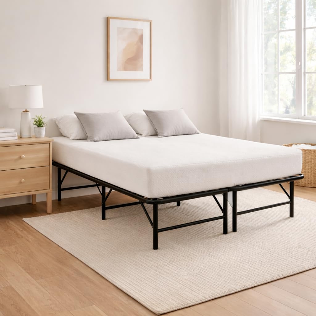 Greaton, 14-Inch Foldable Metal Platform Bed Frame with Tool Free Setup, Sturdy Steel, No Box Spring Needed, Full, Black