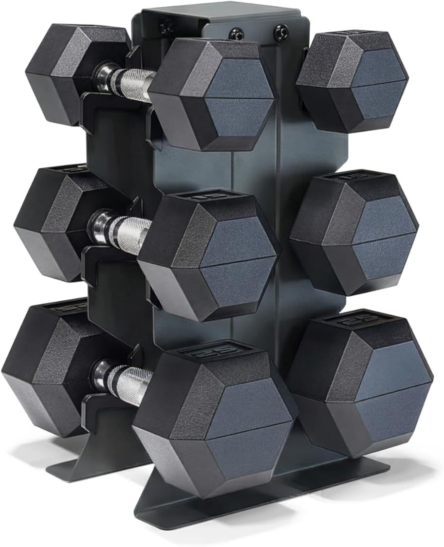CAP Dumbbell Set with Rack, Rubber Coated Hex Free Weight Set | 100–300 lb Options, Vertical Space-Saving Storage for Home Gym Strength Training