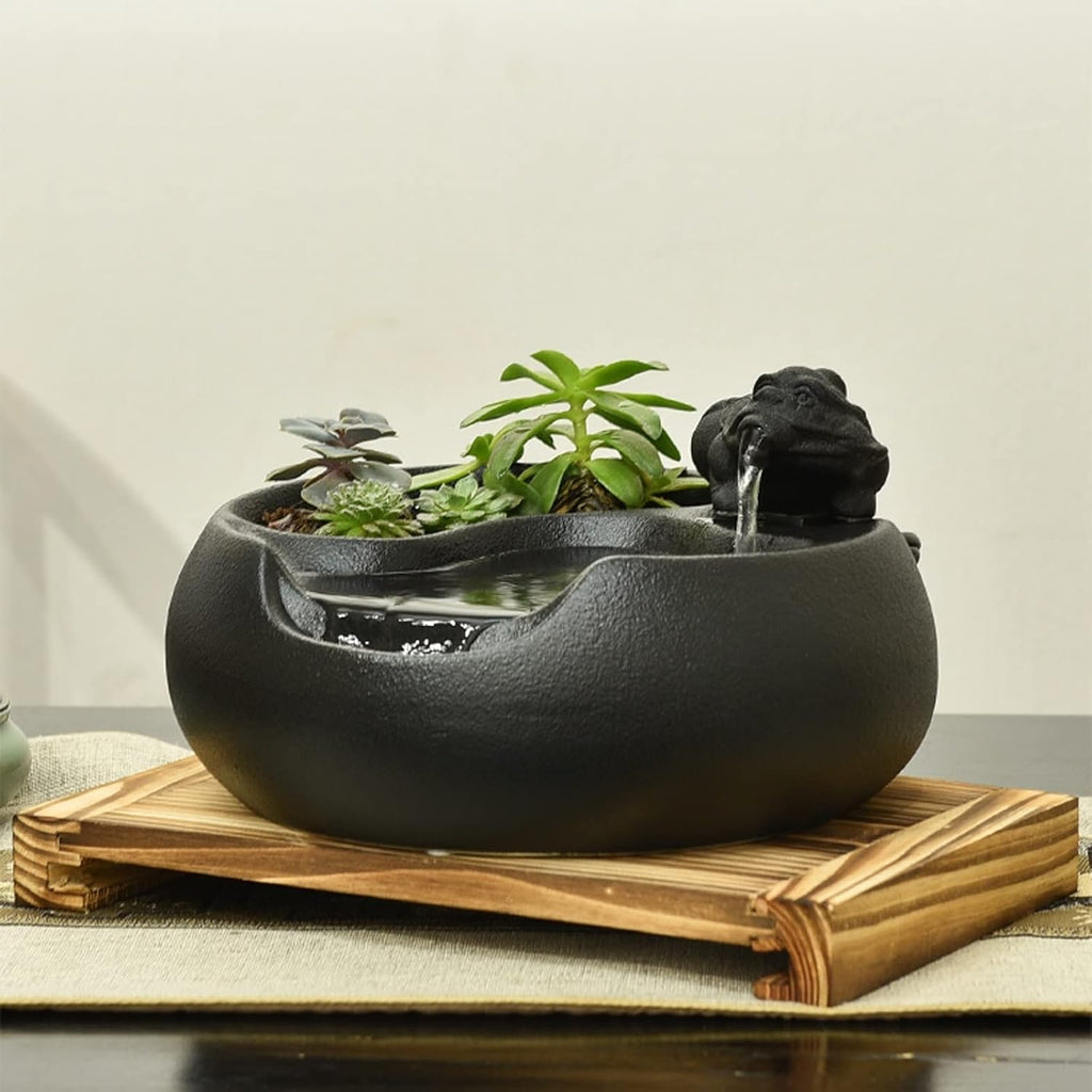 Indoor Waterfall Small Water Fountain Ceramic Tabletop Fountain for Indoor and Outdoor Office Patio Black Ceramic Fountain with Pump and Wooden Base Decor,B