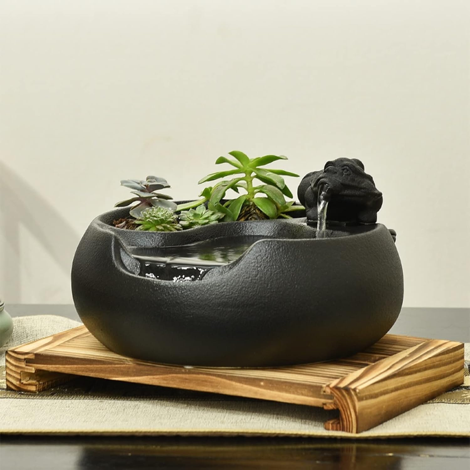 Ceramic Tabletop Fountain with Pump - Black Indoor/Outdoor Office & Patio Decor with Wooden Base - Home/Office Water Feature