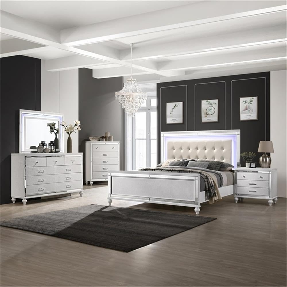 Pemberly Row Full Size Solid Wood Bed, White Finish, Lighted Headboard, Hardwood Solids and Veneers, Embossed Inlay, Contemporary Style Bedroom Furniture, 53.74' H x 76.97' W x 57.87' D