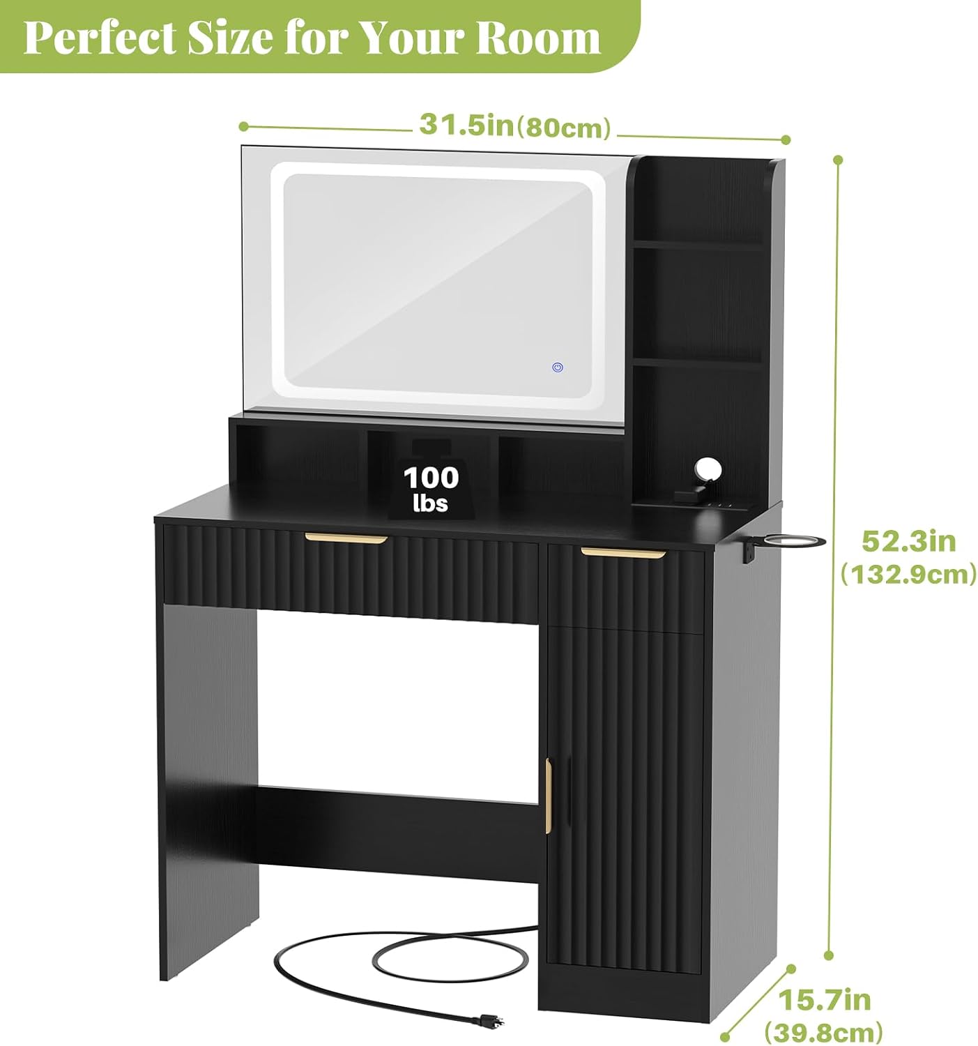 Cyclysio Fluted Vanity Desk with Mirror and Lights, Wood Makeup Vanity Desk with Power Strips, Modern Dressing Table with Drawers & Cabinet for Bedroom, Black
