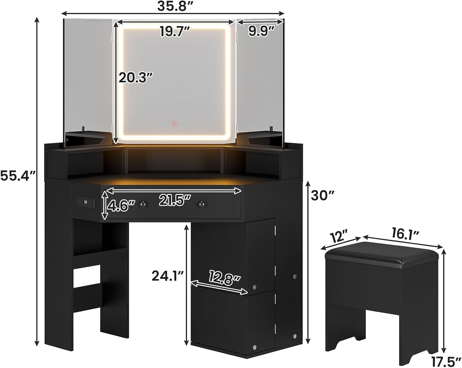 BTHFST Corner Vanity with Tri-Fold Mirror & Cushioned Storage Stool, Makeup Vanity with Charging Station, Vanity Desk with Mirror and Lights, Makeup Table with Drawers, Shelves, Black